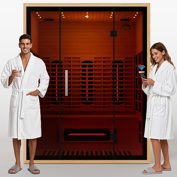 Full Spectrum Infrared Sauna for 3 Person, Upgraded WiFi Control Indoor Canadian Hemlock Wood Home Spa Saunas with Red Light Therapy, Speaker, Oxygen bar, Reading & 7-Color Starry Light, 2100W, 220V