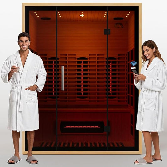 Full Spectrum Infrared Sauna for 3 Person, Upgraded WiFi Control Indoor Canadian Hemlock Wood Home Spa Saunas with Red Light Therapy, Speaker, Oxygen bar, Reading & 7-Color Starry Light, 2100W, 220V