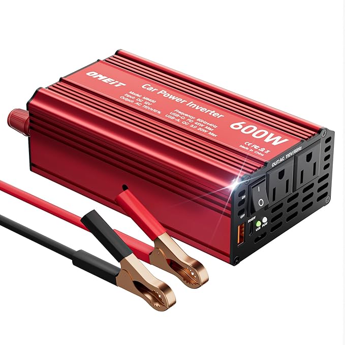 600W Car Power Inverter, 12V DC to 110V AC Converter with 2 AC Outlets, 45W PD USB-C & 20W QC3.0 USB-A Fast Charging Ports, Car Plug Adapter for Laptop, Phone, Road Trip
