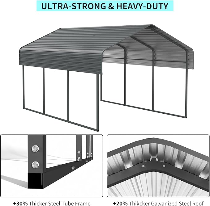 Heavy Duty Metal Carport, 10x15 Ft, Galvanized Steel Roof with Enhanced Base, Outdoor Car Shelter for Vehicles and Storage