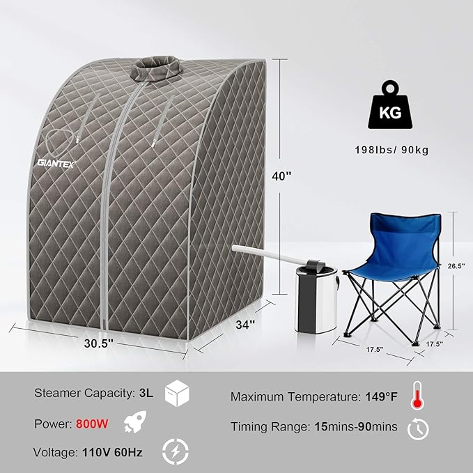 Giantex Portable Steam Sauna, Personal Therapeutic Sauna for Detox, Temperature & Timer Adjustable, 800W Sauna Box Spa w/Chair, 3L Steamer,Massage Roller,Mat,Remote Control, Home Sauna Tent (Gray)