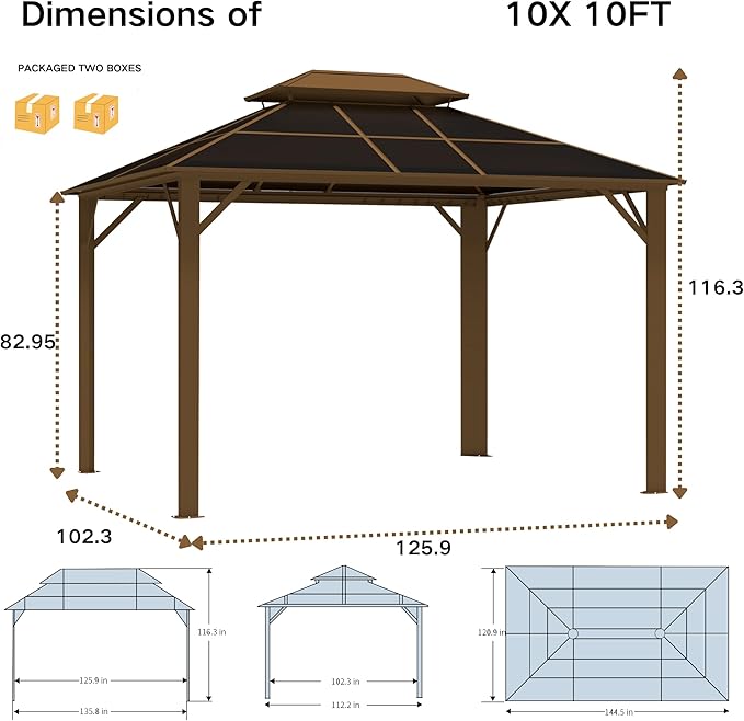 Kingdura Hardtop Gazebo 10'x10' with Double Polycarbonate Roof Canopy, Outdoor Gazebo with All-Weather Resistant Aluminum Frame Permanent Pavilion, UV Blocking for Patio Lawn Garden (Brown)
