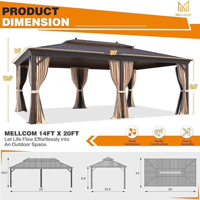 MELLCOM 14' x 20' Hardtop Gazebo,Galvanized Steel Metal Double Roof with Curtain and Netting,Brown Permanent Pavilion Gazebos with Aluminum Frame for Patios,Gardens,Lawns