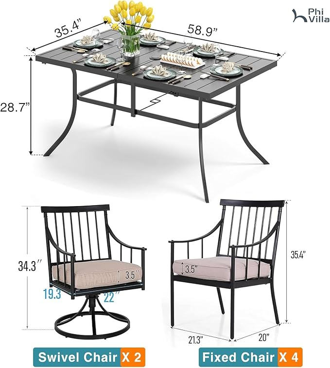 PHI VILLA 7 Pieces Patio Dining Table Set with Cushion for 6, Large Rectangular Metal Dining Table with Umbrella Hole & Cushioned Swivel Iron Chairs for Outdoor, Deck, Yard