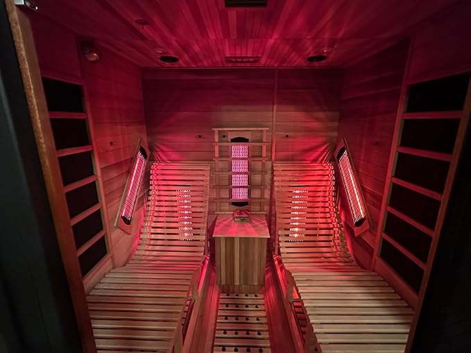 Far Infrared Wooden Sauna, Luxurious Canadian Hemlock Sauna with 2 Oversize Recliners, 220V, 3400 W, 9 Heating Element, Bluetooth Speakers, 7 Color Light, Oxygen Bar-Fast Delivery
