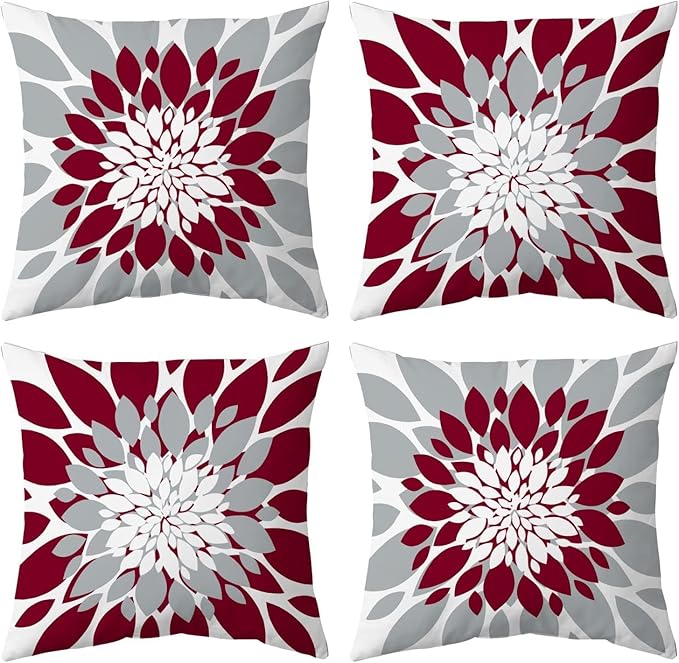Qahing Pack of 4 Outdoor Waterproof Pillow Covers 22x22 Decorative Outdoor Throw Pillows Garden Square Cushion Cases for Patio Furniture, Couch, Tent Sunbrella, Bench, Burgundy Red Grey
