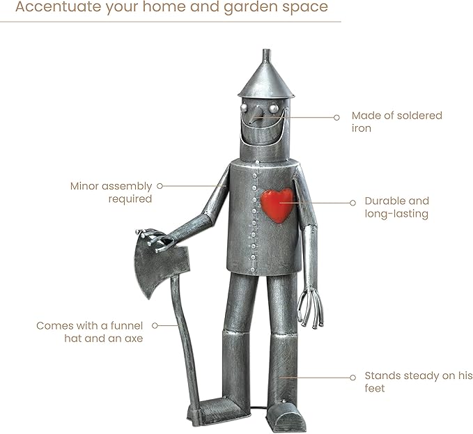 Bits and Pieces - 30 ½” Tall Tin Woodsman with a Heart Garden Statue - Yard Decorations - Outdoor Sculptures - Garden Decor - Tin Man Yard Art