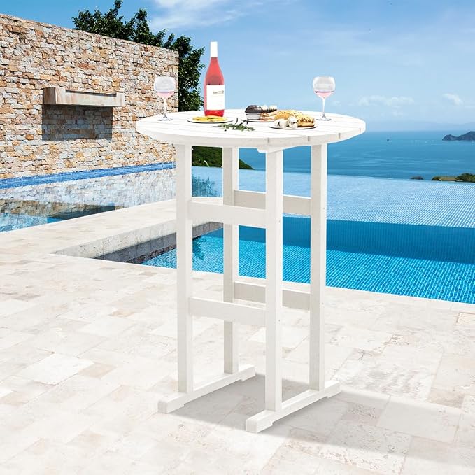 Sundale Outdoor Adirondack Round Bar Table, 39 Inch Height Patio Large Pub Table for 4, All Weather HDPE High Top Bistro Counter Tabl for Outside Deck Porch Balcony Poolside (White)