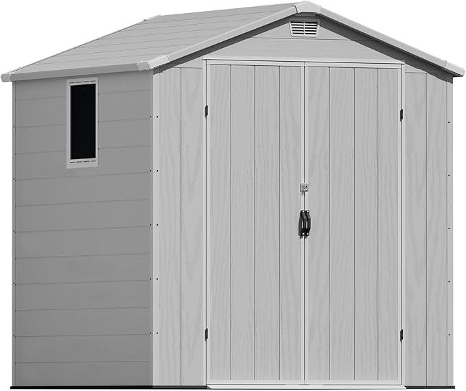 Greesum 6x6FT Plastic Outdoor Storage Shed with Floor, Resin Sheds with Lockable Double Door, Window & Vents, All-Weather Tool Sheds for Garden, Backyard, Patio, Light Gray