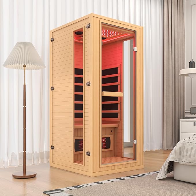 1 Person Infrared Sauna with Red Light Therapy, Full Spectrum Sauna for Home, Indoor Dry Saunas with Rapid Heating 4 Carbon Panels&1 Carbon Tube, Oxygen Bar and 7 Color Therapy Lights, 110V