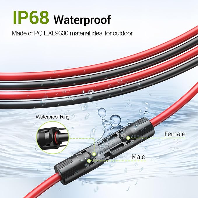20Feet 10AWG Solar Extension Cable, 10 Gauge Solar Panel Wire with Female and Male Connectors for RV, Off-Grid Photovoltaic Systems(Black+Red)