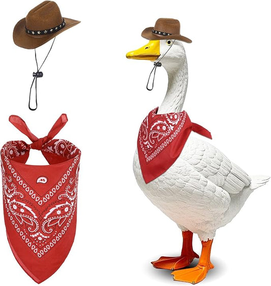 Porch Goose Outfits Western Cowboy Style, Lawn Cement Goose Clothes Outfits for Cement Goose Includes Adjustable Cowboy Hat and Scarf for 23/17″ Outdoor Statue (Brown,Red)