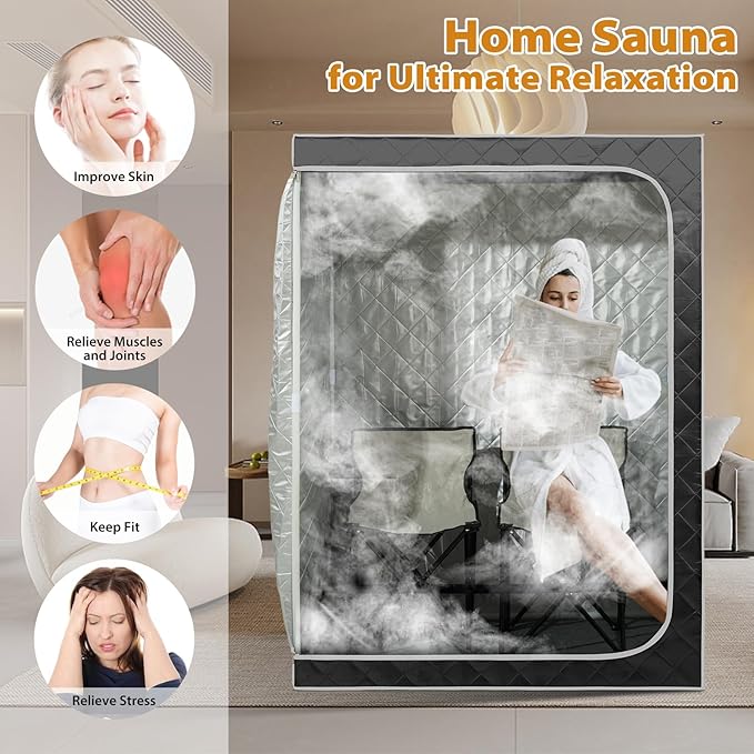 Gollense 2 Person Sauna Portable Steam Sauna Tent with 2 Folding Chairs, Full Size at Home Steam Box for Relaxation Indoor Personal Home Spa, Steamer NOT Included, Black