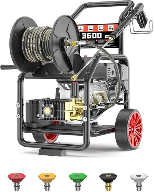 3600 PSI Gas Pressure Washer, One-Button Start 212cc 7HP Engine 3.3GPM, Includes Hose Reel，50 FT 3/8 inch Hose，5 Quick Connect Nozzles，Spray Gun and Wand
