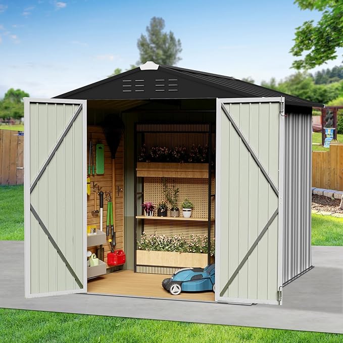6 x 4 FT Metal Outdoor Storage Shed & Double Hinged Large Door - Heavy-Duty Shed with Floor, Lockable & Ventilation - Rainproof Windproof Large Utility Garden Shed for Backyard Patio Lawn - White