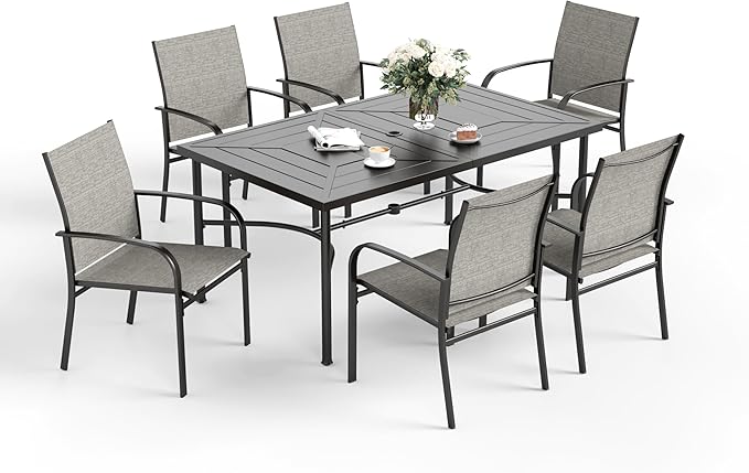 Patio Dining Set for 6, 64" Rectangular Metal Dining Table with Umbrella Hole and 6 Chairs, Outdoor Table and Chairs Set for Lawn Garden Backyard and Deck, Brown