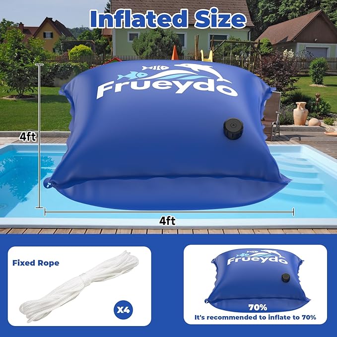 Inflatable Pool Pillow for Above Ground Pool 4x4 Ft – Frueydo Heavy Duty Air Pillow for Outdoor Swimming Pools, Portable Pools Cover Cold Resistant for Winterizing, Rope Included