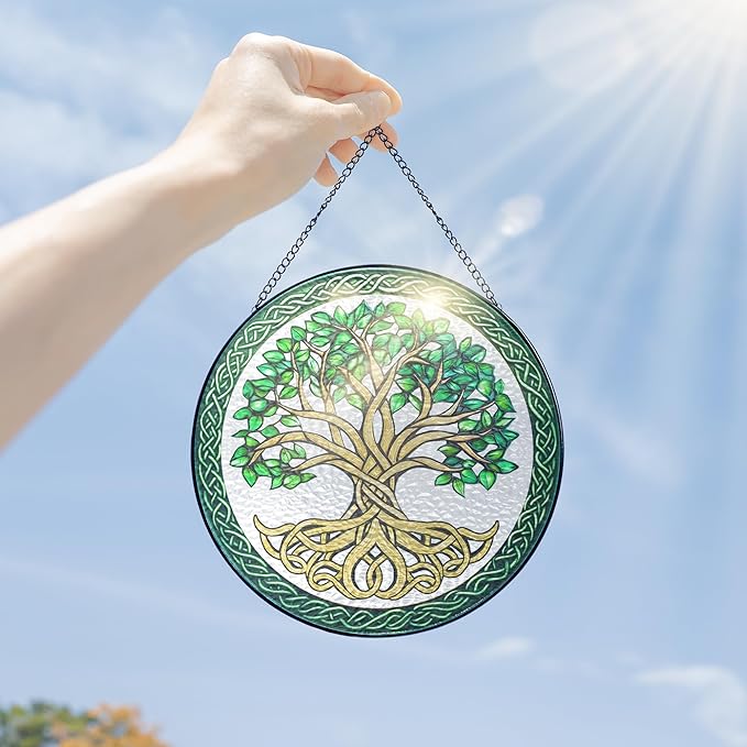 FLAGWIX Christmas Tree of Life Gifts for Women Men - Stained Glass Window Hanging 8 in - Xmas Birthday Gifts for Mom Grandma, Tree of Life Christmas Decorations Indoor, Celtic Suncatchers Garden Decor