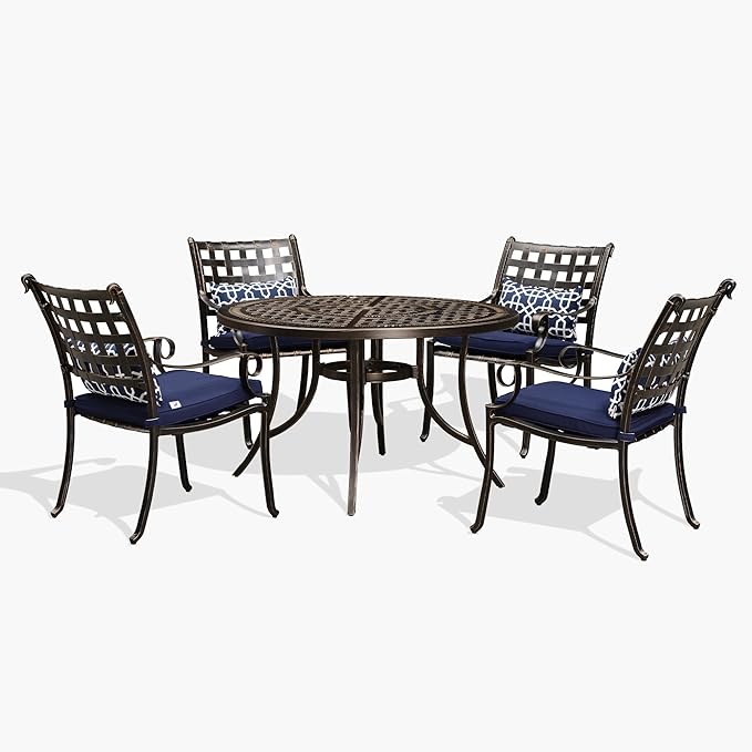 PURPLE LEAF 5 Pieces Patio Dining Set Cast Aluminum Patio Furniture with 4 Armchairs and 47" Round Table, Pillow Included, for Lawn Yard Garden Oudoor Dining Set, Navy Blue
