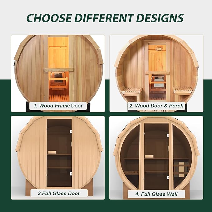 Smartmak Customized Outdoor Barrel Steam Sauna, 2-10 Person Canadian Hemlock/Red Cedar Traditional Wood Sauna Room with 220V ETL-Certified Heater, Backrest Headrest, Rocks, Light Accessories Included