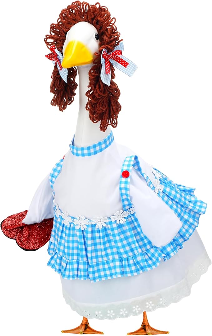 Abbylike Halloween Porch Goose Outfits Blue and White Gingham Wizard Dress Costume Porch Yard Goose Outfits Costume Clothes Fits Large 23'' Cement for Garden Yard Statue Pathway Decorations