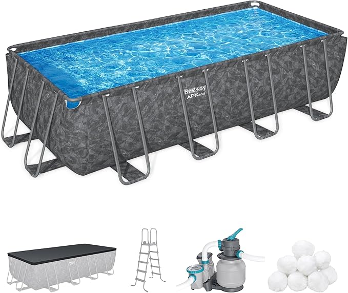 Bestway APX 365 18' x 9' x 52" Rectangular Above Ground Swimming Pool Outdoor Backyard Framed Pool Set with Sand Filter Pump, Ladder, and Cover, Gray