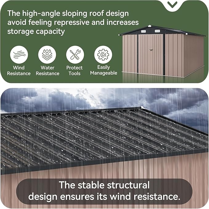 Aoxun 10 x 12FT Shed with Base Utility Garden Galvanized Steel Shed with Lockable Door & Sloped Roof Metal Sheds Outdoor Storage for Garden, Backyard, Patio and Backyard (Brown/Base Included)