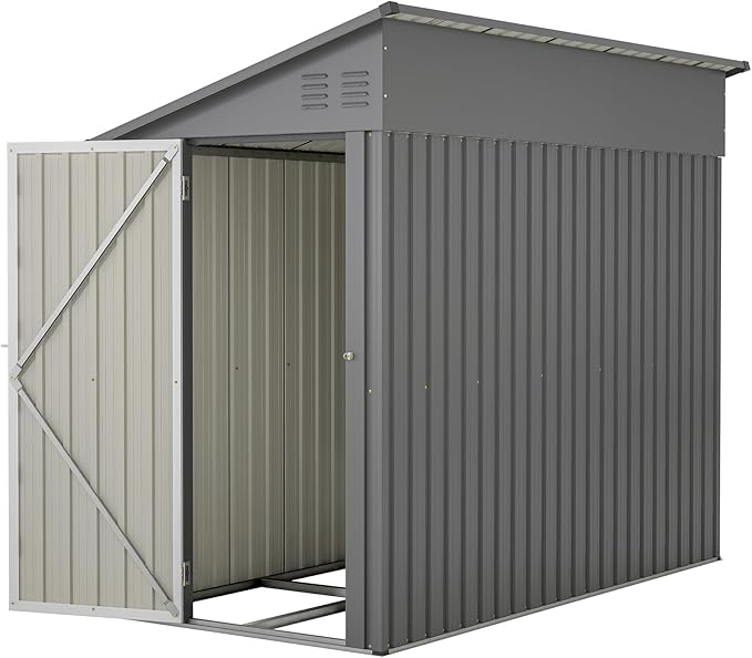 4×8 FT Lean to Metal Shed,Outdoor Heavy-Duty Storage Shed with Floor Base,All Weather Waterproof Garden Tool House W/Lockable Door&2 Air Vents,Reversible Door Design,for Backyard,Patio,Lawn,Gray