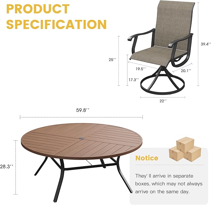 VICLLAX 9 Pieces Patio Dining Set for 8 Includes 60" Outdoor Round Table and 8 Patio Swivel Chairs for Lawn Garden, Walnut Tabletop and Mixed Brown Fabric