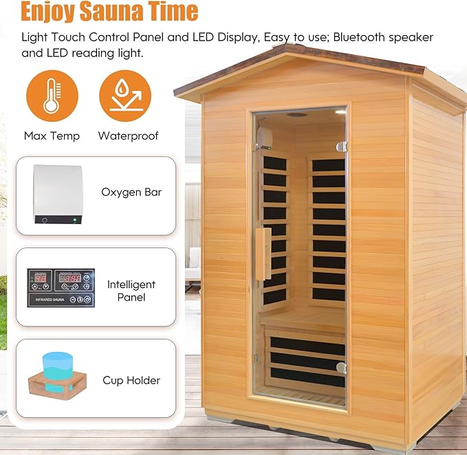 Far Infrared Sauna Home Sauna Outdoor Sauna for 2 Person, Dry Sauna with Low EMF 1950W,with Towel Rack and Cup Holder,Canadian Hemlock Wood