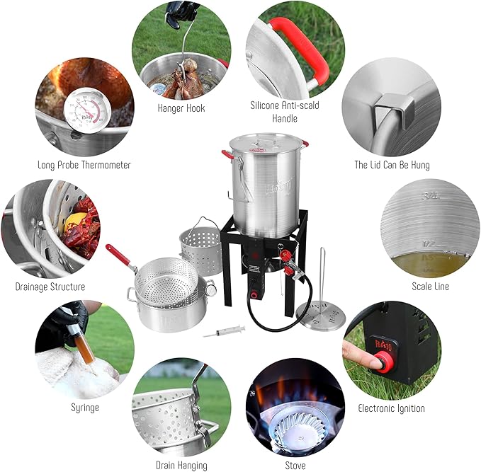 30 Qt Turkey Fryer with Basket & 10QT Fish Fryer Kit, 50,000 BTU Outdoor Propane Burner, CSA Certified, Auto Ignition, 10 PSI Regulator & Hose, for Thanksgiving Day Gathering