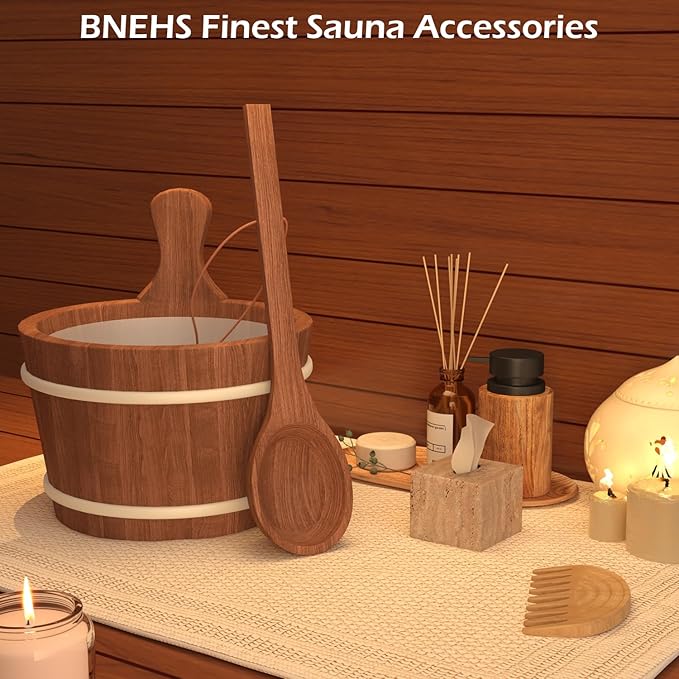 Sauna Bucket and Ladle, Sauna Accessories Made of Hand-Made Red Cedar, Wooden Sauna Set with Plastic Lining and Handle