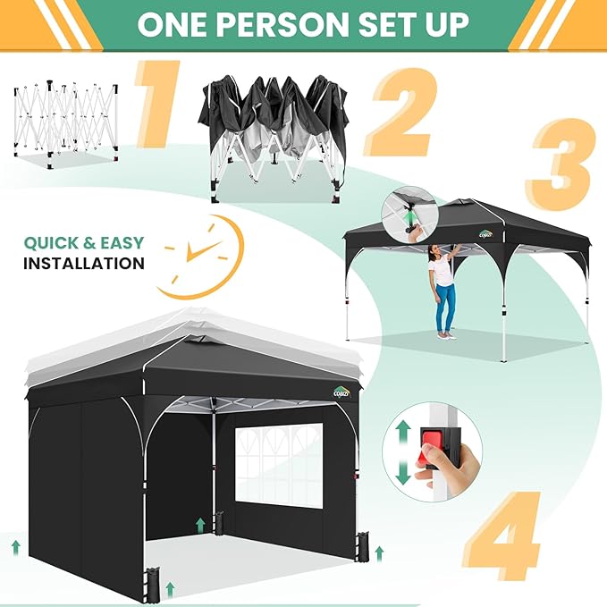 COBIZI 10x10 Pop up Canopy, Canopy Tent 10x10 with 3 Sidewalls, 1 Person Easy Set up，Tents for Parties, Outdoor Tent with Fluorescent Strip & 4 Sandbags, Waterproof, 3 Adjustable Height（Black）