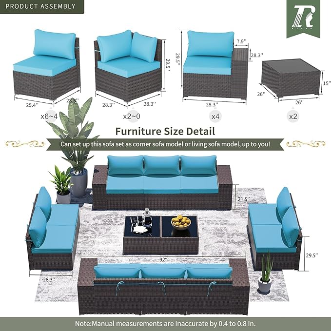 16 Pieces Outdoor Patio Furniture Set Outdoor Furniture Patio Sectional Sofa Conversation Sets w/ETL Approved 45" Gas Outdoor Fire Table & Coffee Table, Swivel Rocking Chair Turquoise.