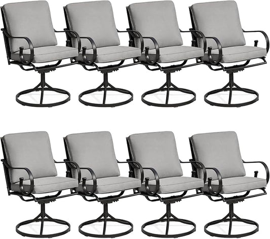 MELLCOM Patio Swivel Chair Set of 8, Heavy Duty Outdoor Dining Chairs with Thickened Cushions, Metal Patio Chairs Gentle Rocker for Outside, Garden Lawn & Porch, Backyard, Grey