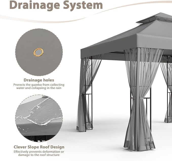 EAGLE PEAK 10x10 Patio Gazebo with Mesh Netting, Double Roof Outdoor Pavilion with Corner Shelves for Lawn, Deck, Garden and Backyard, Gray