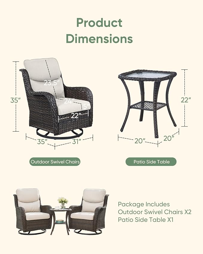 HUMMUH High Back Outdoor Swivel Rocker Patio Chairs Set of 2, with 5-Inch Thick Cushions and Side Table, Ideal for Porch,Poolside, Deck, and Yard