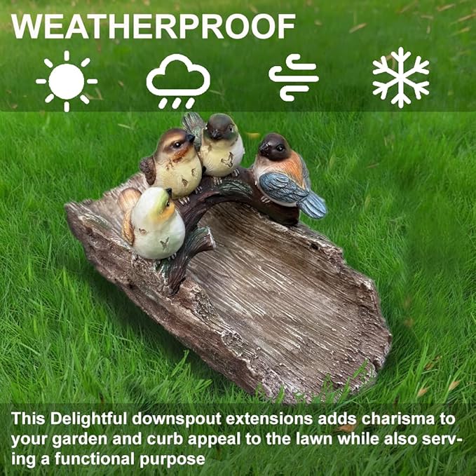 Bird Splash Block - Decorative Resin Gutter Downspout Diverter, 11” x 6.1” x 6.9”, Durable Water Flow Protector for Yard, Garden & Patio, Functional Outdoor Four Birds Statue for Rainwater Drainage