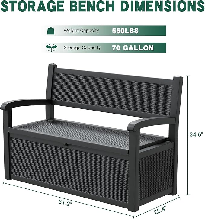 LHBcraft 70 Gallon Lockable Outdoor Storage Bench Waterproof, Deck Box Bench for Patio, Porch, Garden, Poolside, Stores Tools & Pool Supplies, Heavy-Duty Outdoor Bench with Storage, Black