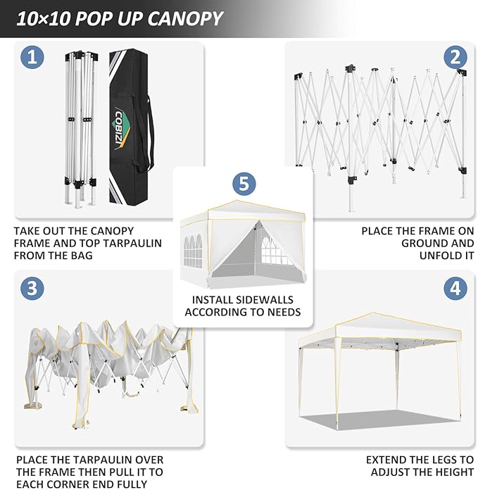 COBIZI 10x10 Pop Up Canopy, Party Tents for Parties Waterproof Outdoor Event Shelter with 4 Sidewalls and 4 Sandbags UV Protection 50+ Camping Commercial Wedding Portable Tent for Backyard, White