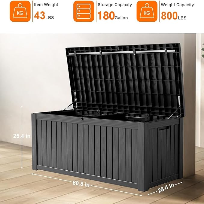Vixzen 180 Gallon Resin Deck Box, Lockable Outdoor Storage Box for Patio Cushions Storage Furniture,Garden Tools, Pool Supplies, Weatherproof and UV Resistant- Black
