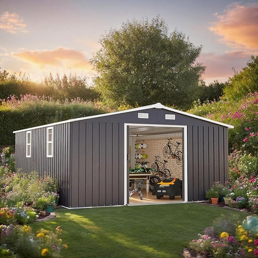10x14 FT Outdoor Storage Shed, Metal Shed with Floor, Lockable Door & Vents, All-Weather Resin Shed for Garden, Backyard, Patio, Lawn, Dark Gray