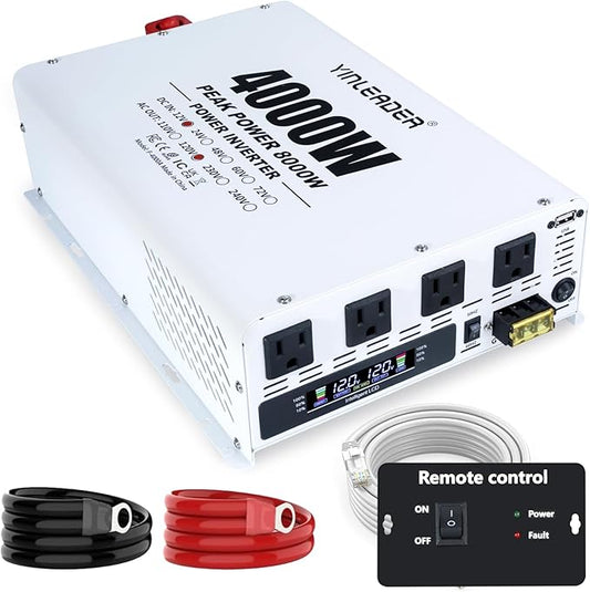 4000W Power Inverter 12V DC to 110V 120V AC (Peak 8000W) for RV, Truck, Off-Grid, Solar, Home & Vehicles | 4 AC Outlets, 3.1A USB Port | LCD Display, Remote Controller (16.5Ft Cable) & Hardwire Kit