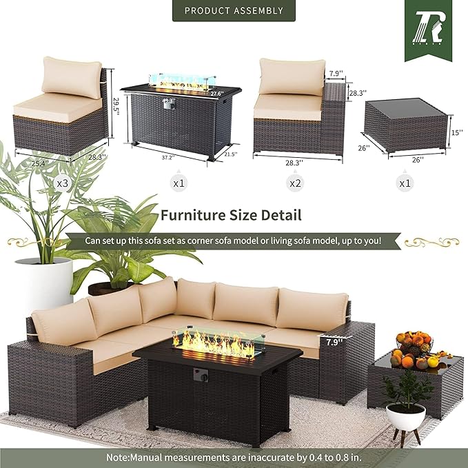 Outdoor Patio Furniture Set with Propane Fire Pit Table, 7 PCS Outdoor Furniture Patio Sectional Sofas Conversation Sets w/ETL Approved 43" Gas Outdoor Fire Table & Coffee Table Brown.
