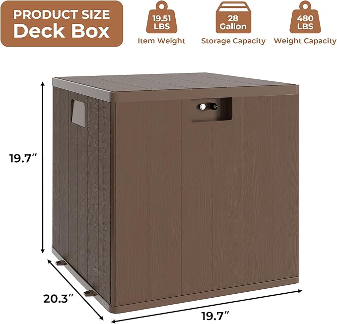 28 Gallon Outdoor Storage Box, Lockable Resin Deck Box Indoor and Outdoor Use, Waterproof Patio Deck Storage Box For Package Delivery, Furniture Cushions, Garden Tools, Pool Accessories