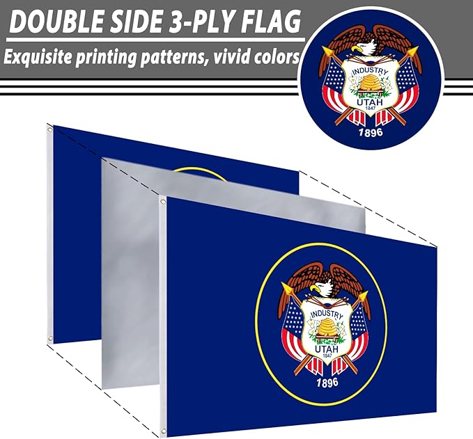 FLAGWIN Utah Flag 3x5 FT - 3 Ply Double Sided Polyester Flag with Brass Grommets - Vivid Color and Fade Proof State of Utah Flags 3x5 Outdoor