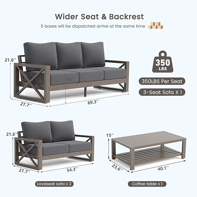 UDPATIO 4 Piece Faux Wood Aluminum Patio Furniture Set 7 Seats Modern Outdoor Furniture Patio Conversation Sets with Coffee Table for Balcony, Backyard, 600D Waterproof Cover Included, Dark Grey