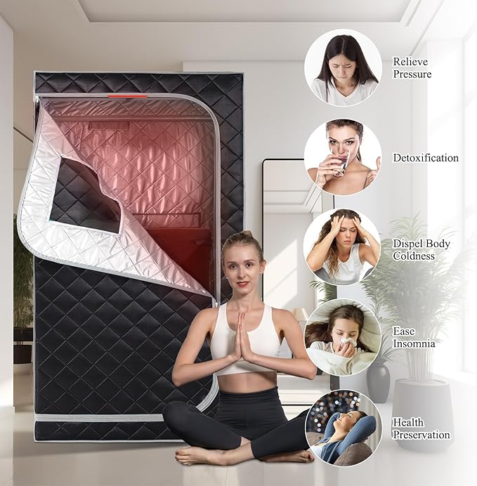 Smartmak Portable Infrared Sauna Box for Home with 660nm Red Light Therapy Lamp, Full Body Dry Sauna Tent, Personal Saunas with 6 Heaters, Heated Foot Pad, Foldable Chair for Body Recovery, BlackGrey