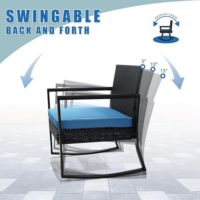 3 Pieces Outdoor Patio Set -Wicker Rattan Chair Conversation Set with Glass Table for Poolside Yard Rocking Chair Set for Bistro Garden Front Porch All Weather Patio Furniture Set