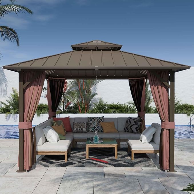 12'x12' Hardtop Gazebo, Outdoor Aluminum Frame Galvanized Steel Double Roof Pavilion with Netting and Shaded Curtains, Permanent Metal Pergolas for Patio, Backyard, Deck and Lawns.